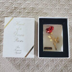 Heart Of A Dozen Roses Red Pin Brooch 18Kt. Gold Plated 2.75 Inches